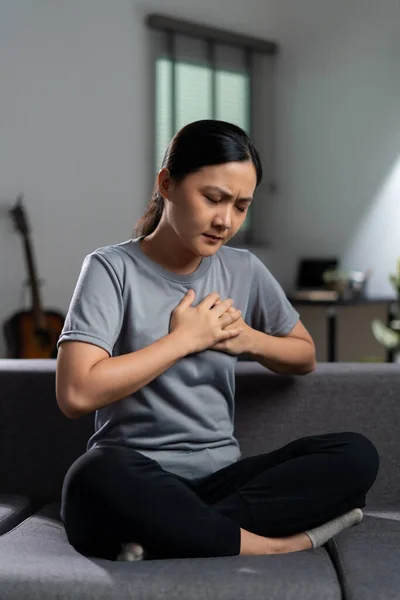 Asian Woman Using Hands Touching Her Chest Sick Chest Pain — Stok fotoğraf