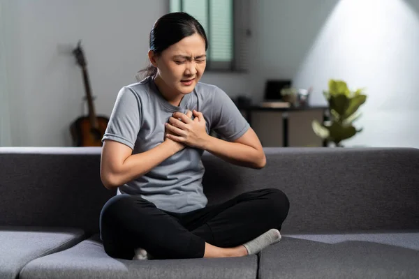 Asian Woman Using Hands Touching Her Chest Sick Chest Pain — Stok fotoğraf