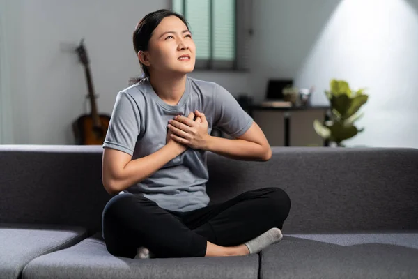 Asian Woman Using Hands Touching Her Chest Sick Chest Pain — Stok fotoğraf