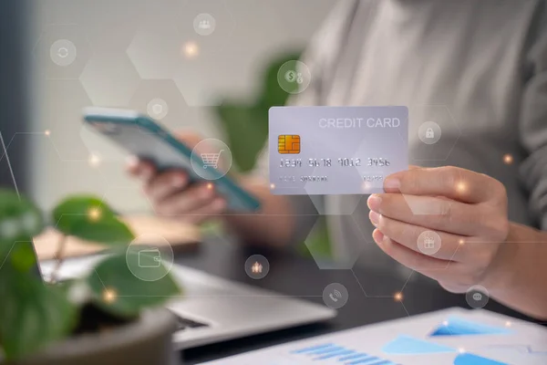 Close Shot Females Hands Holding Credit Card Typing Message Smart — Stock Fotó