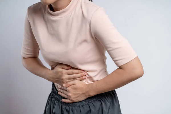 Asian Woman Sick Stomach Ache Putting Her Hands Her Belly — Stok fotoğraf