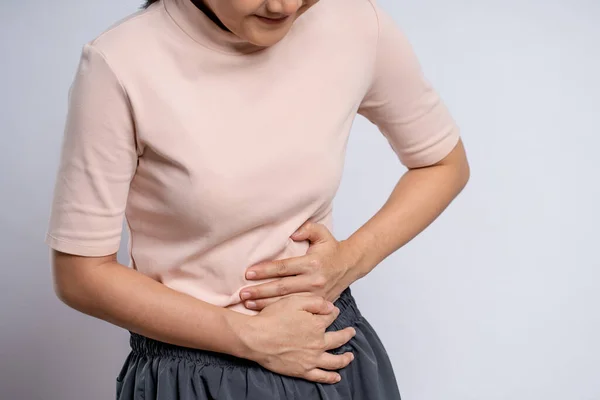 Asian Woman Sick Stomach Ache Putting Her Hands Her Belly — Foto de Stock