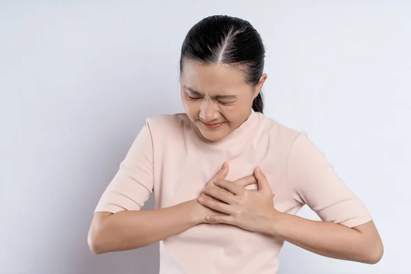 Asian Woman Sick Chest Pain Standing Isolated White Background — Stock Photo, Image