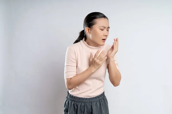 Asian Woman Sick Sore Throat Coughing Sneezing Standing Isolated White — Foto de Stock