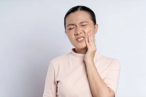 Asian Woman Sick Toothache Touching Her Cheek Standing Isolated White — ストック写真