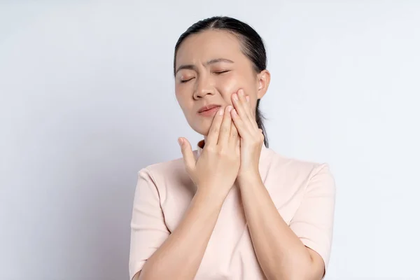 Asian Woman Sick Toothache Touching Her Cheek Standing Isolated White — ストック写真