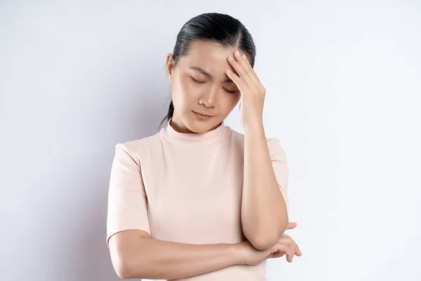 Asian Woman Sick Headache Touching Her Head Standing Isolated White — Stock Fotó