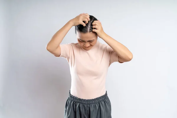 Asian Woman Sick Irritate Scratching Her Head Standing Isolated White —  Fotos de Stock