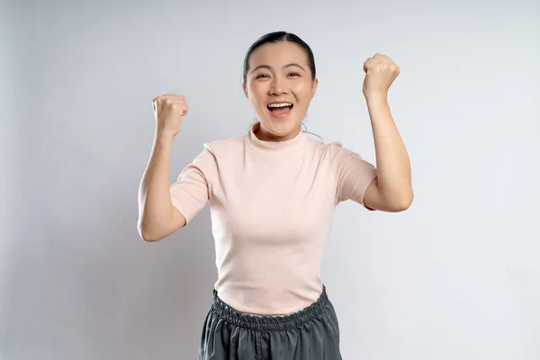 Asian Woman Happy Confident Showing Her Fist Make Winning Gesture — ストック写真