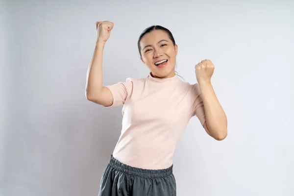 Asian Woman Happy Confident Showing Her Fist Make Winning Gesture — ストック写真