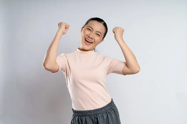 Asian Woman Happy Confident Showing Her Fist Make Winning Gesture — Stockfoto