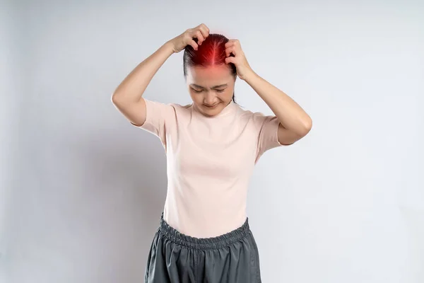 Asian Woman Sick Irritate Scratching Her Head Red Spot Standing —  Fotos de Stock