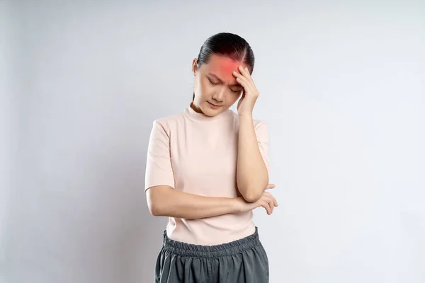 Asian Woman Sick Headache Touching Her Head Red Spot Standing — Stock fotografie