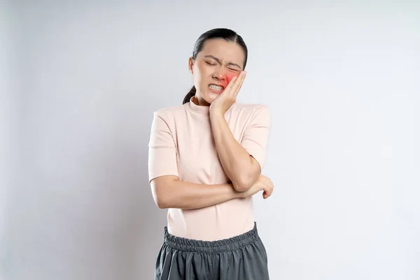 Asian Woman Sick Toothache Touching Her Cheek Red Point Standing —  Fotos de Stock