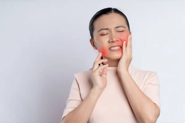Asian Woman Sick Toothache Touching Her Cheek Red Point Standing — ストック写真