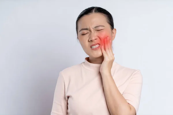 Asian Woman Sick Toothache Touching Her Cheek Red Point Standing — ストック写真