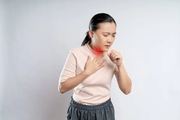 Asian Woman Sick Sore Throat Coughing Sneezing Touching Neck Red — Stok fotoğraf