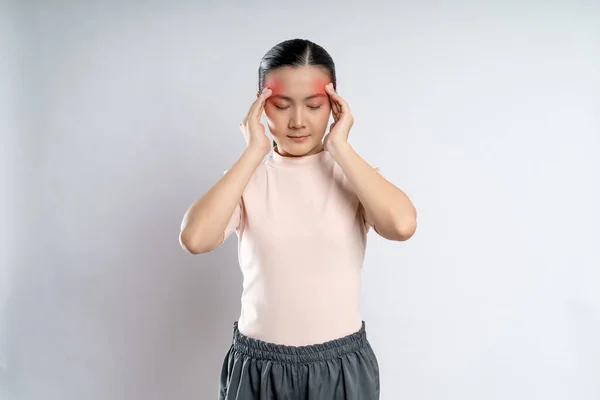 Asian Woman Sick Headache Touching Her Head Red Spot Standing Stockafbeelding