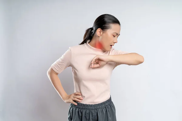 Asian Woman Sick Sore Throat Coughing Sneezing Touching Neck Red ロイヤリティフリーのストック写真