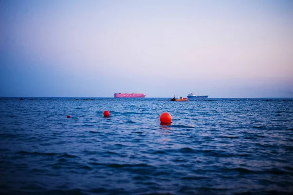 Beautiful View Ships Far Away Sea Sunset — Stock Photo, Image