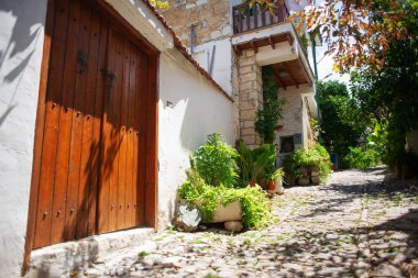 Eski yollar ve ünlü dağ köyünde bitkileri olan eski kapılar. Laneia, Kıbrıs