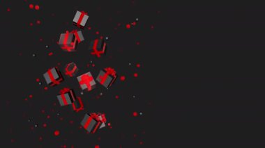 Siyah arkaplanda kırmızı kurdeleli siyah hediye kutuları ve siyah arka planda kurdeleler. Kara Cuma için dikişsiz döngü üzerinde animasyon 4K.