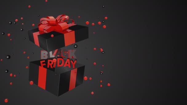 Black Friday, animatie 4K opgenomen titel en zwarte geschenkdozen met rode strikken en linten op een naadloze lus — Stockvideo