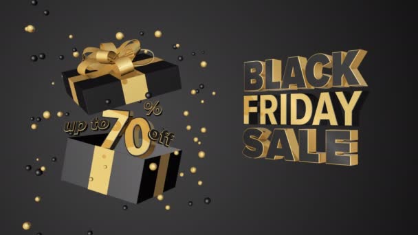 Black Friday Sale, descuento de hasta un setenta por ciento de descuento, animación 4K con título y caja de regalo en un bucle sin fisuras — Vídeo de stock