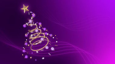 Noel ve Yeni Yıl animasyonu 4K, pürüzsüz bir döngünün mor arka planında dönen Noel süslemeleri.