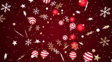 Noel ve Yeni Yıl animasyonlu arka plan 4K Dönüşümlü Noel süslemeleri ve kar taneleri pürüzsüz bir döngüde