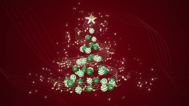 Un fondo navideño animado con decoraciones y notas musicales giratorias y partículas brillantes en un bucle sin costuras — Vídeo de stock