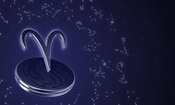 Burç imzası Aries, koyu arkaplan takımyıldızlarına karşı 3 boyutlu illüstrasyon