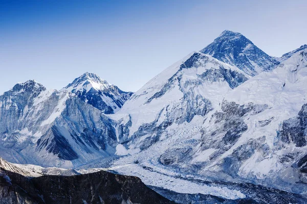 Panorámás Kilátás Nyílik Khumbu Gleccserre Mount Everestre Gyönyörű Égbolttal Khumbu — Stock Fotó