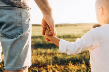 Babasıyla oğlunun gün batımı tarlasında el ele tutuşmaları. Babam yaz boyunca oğlunu açık havada dolaştırdı. Aile, güven, koruma, bakım, ebeveynlik kavramı