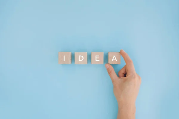 Idea Word Written Wooden Block Human Hand Creative Idea Innovation — Stock Photo, Image
