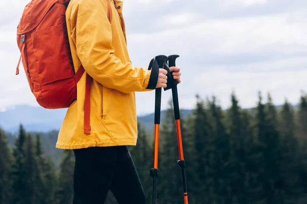 Close Hiker Trekking Poles Goes Mountain Landscape Hiking Travel Concept — Stockfoto