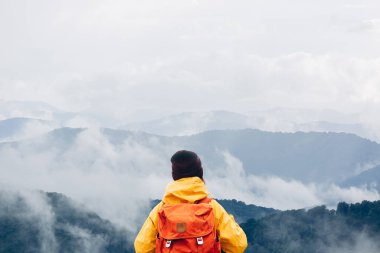Sırt çantalı hippi genç kız orman ve dağ manzarasının tadını çıkarıyor. Arka plandaki vadi manzaralı turist gezgini. Seyahat yaşam tarzı konsepti
