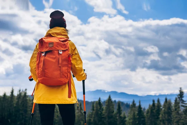 Portrait Happy Woman Hiker Standing Slope Mountain Ridge Mountains Blue —  Fotos de Stock