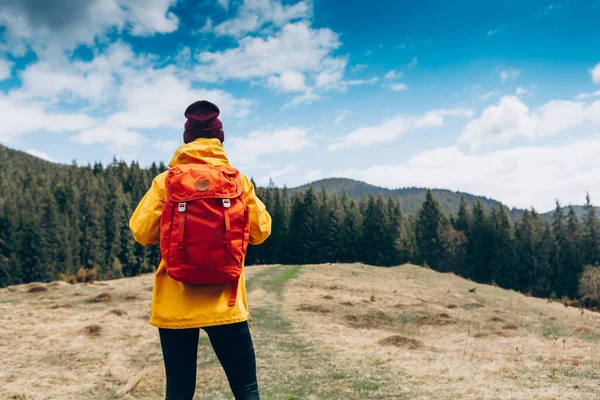 Portrait Happy Woman Hiker Standing Slope Mountain Ridge Mountains Blue — Fotografia de Stock