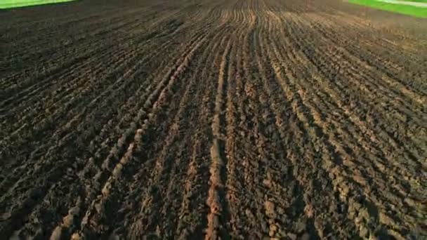 Plano aéreo de una tierra agrícola arada en el campo abierto en un día soleado — Vídeos de Stock