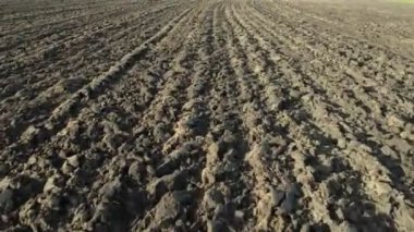 Güneşli bir günde, açık arazide tarlaya sürülmüş bir tarımın hava görüntüsü.