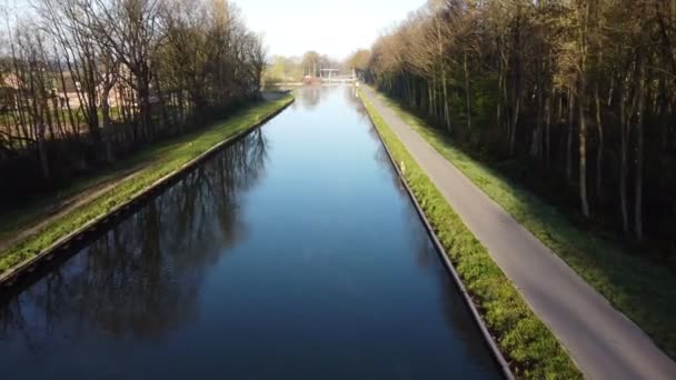 Drönare flyger lågt över floden eller kanalen och skogen i Belgien — Stockvideo
