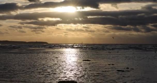 Mooie en kalmerende zonsondergang als golven breken op een strand met het warme licht van de zon weerspiegeld in het water — Stockvideo