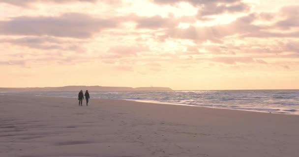 Harika bir gün batımında sahilde yürüyen ve manzaranın ve arkadaşlığın tadını çıkaran iki genç bayan turistin geniş açısı. — Stok video