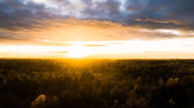 Yeşil çalıları ve renkli gökyüzü olan bir nehrin üzerinde güzel bir gün batımı.
