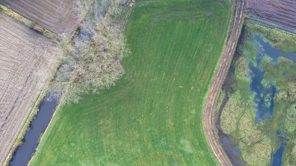 Terreno inundado o paisaje de campo verde con mucha agua a la vista aérea. Incluye granja agrícola, construcción de casas, pueblo. Ese inmueble o propiedad. Parcela de terreno para subdivisión de viviendas —  Fotos de Stock