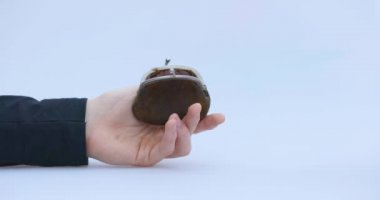 Erkek el, kripto, Bitcoin ya da BTC 'yi küçük kahverengi bir cüzdana koyar, şifreleme ya da kripto veya kripto para ile para kazanmayı ya da ödemeyi tasvir eder ve tasarruf eder, elinde tutar ya da saklar.