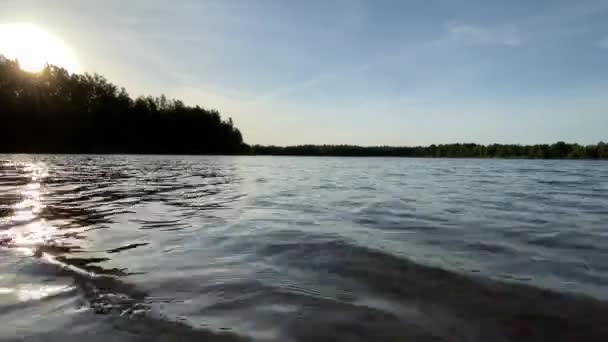 Bela vista da paisagem sobre a água de um lago florestal que flui à beira-mar nas margens de um dia ensolarado de verão. 4K. HD — Vídeo de Stock