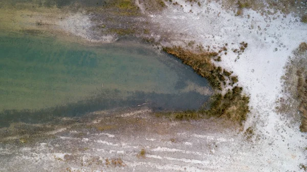 Vue aérienne prise par un drone sur la rive d'un lac forestier. Herbe épaisse, reflets dans l'eau, bouleaux verts au loin sur la pente. Nature du Blakheide, Beerse, Belgique — Photo