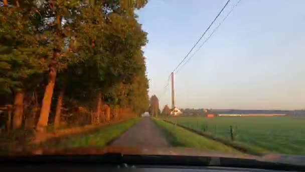 Timewarp jazdy pod kolorowe niebo nad i wspaniałe drzewa na bok drogi kraju podczas zachodu słońca — Wideo stockowe